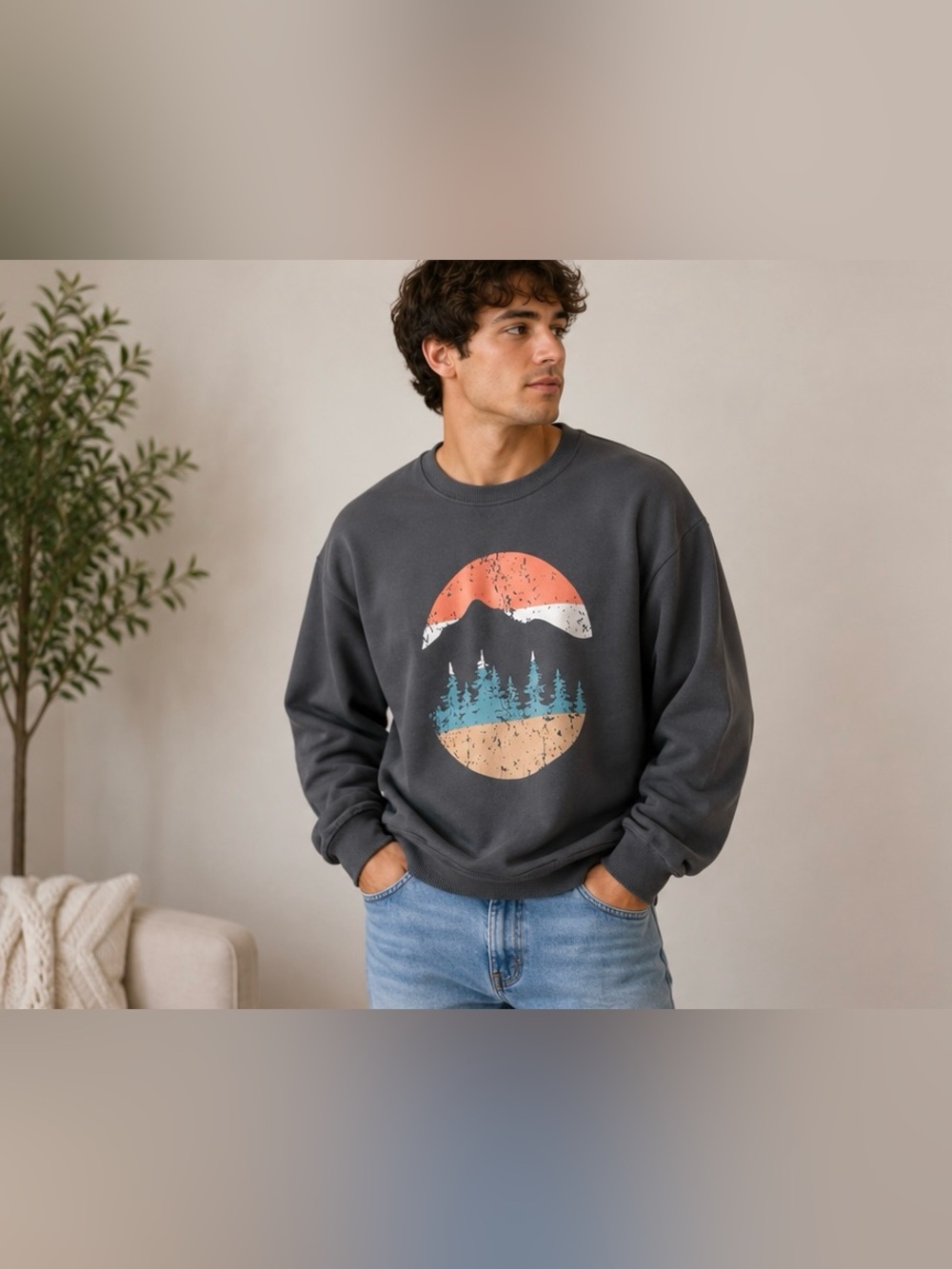 Vintage Mountain Graphic Crewneck Sweatshirt Men’s Medium Gray Pullover